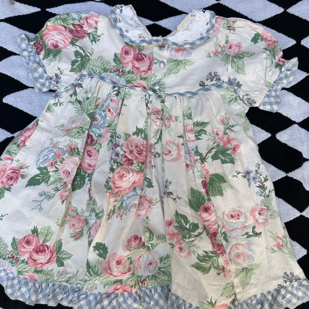 Vintage Floral Baby Dress with Gingham Trim